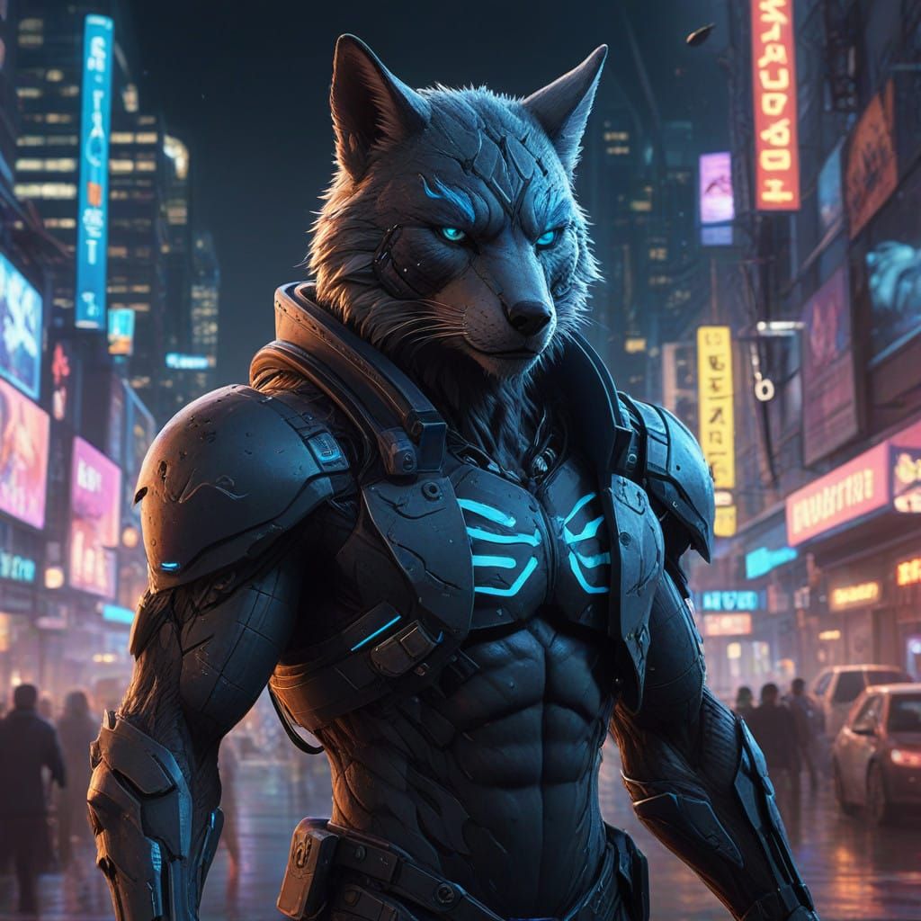 Cyber Wolf Man Unleashed in Neon Dystopia