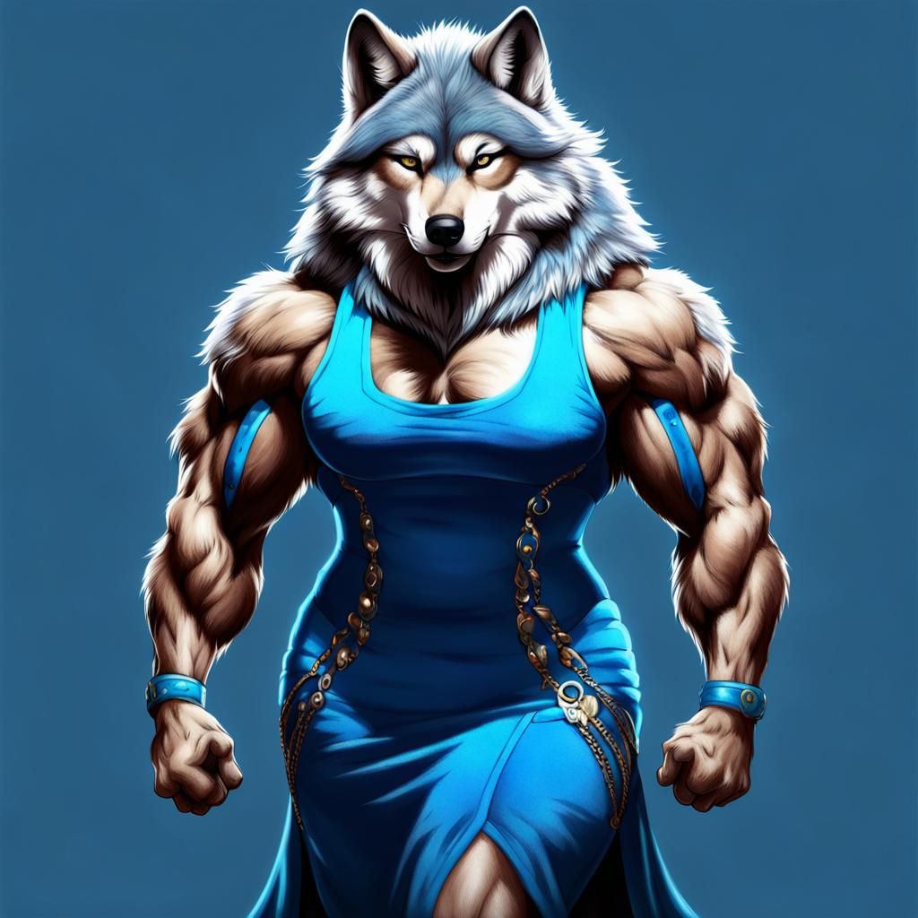 Curvy Wolf Lady in Blue Dress: AI Generated Image