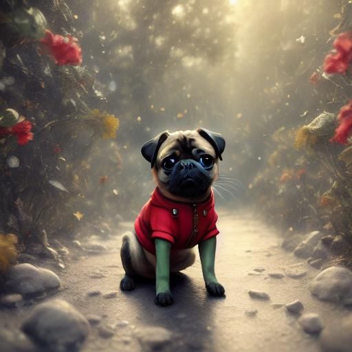 Cute Pug in Red Jumper, Detailed Matte Painting