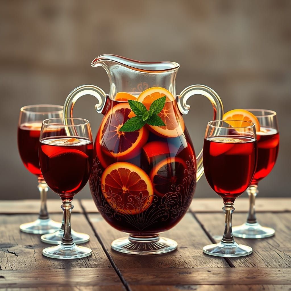 Elegant Sangria Pitcher with Fruit on Rustic Table