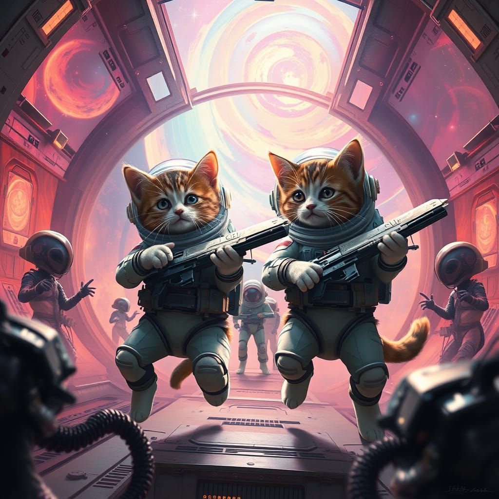 Futuristic Feline Warriors Battle Aliens in Cosmic Spaceship