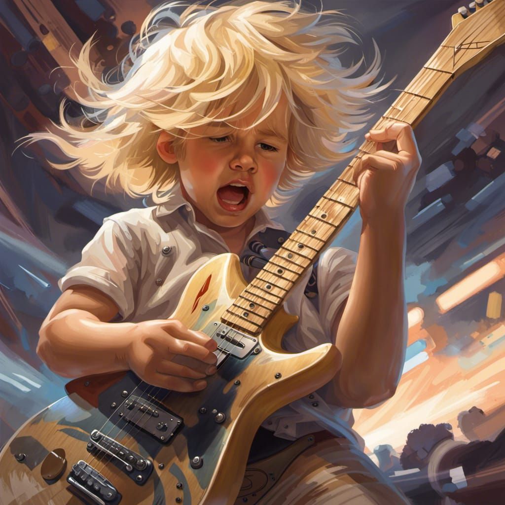 Blonde Toddler Rocks Electric Guitar: Hyperrealistic Portrai...