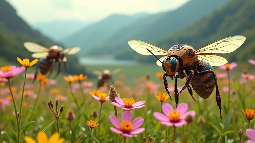 Mechanical Bees in a Futuristic Landscape