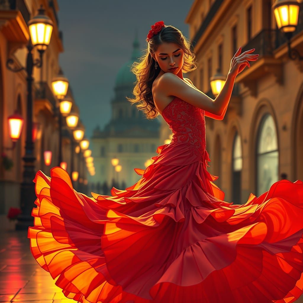 Flamenco Dancer in Seville, Art Nouveau Cyberpunk Style