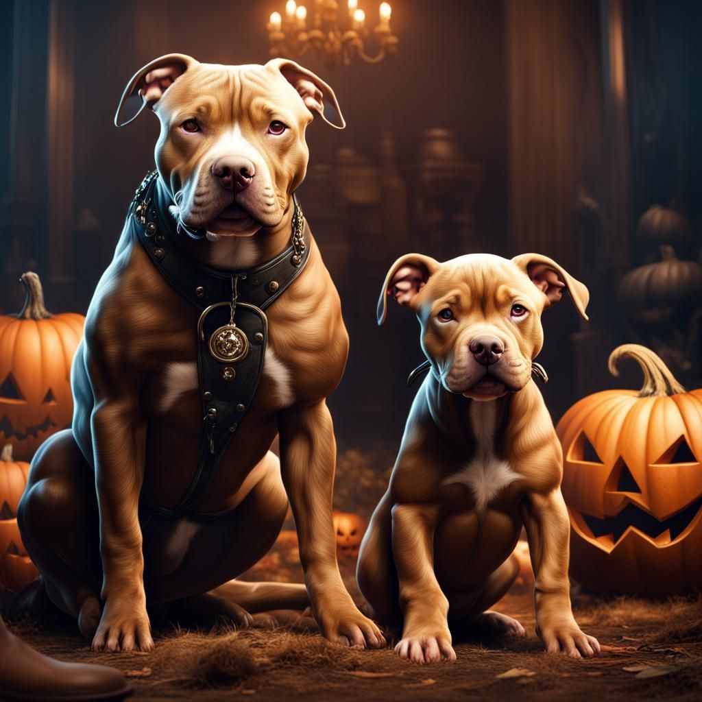 Pitbull and Puppy Halloween Digital Painting