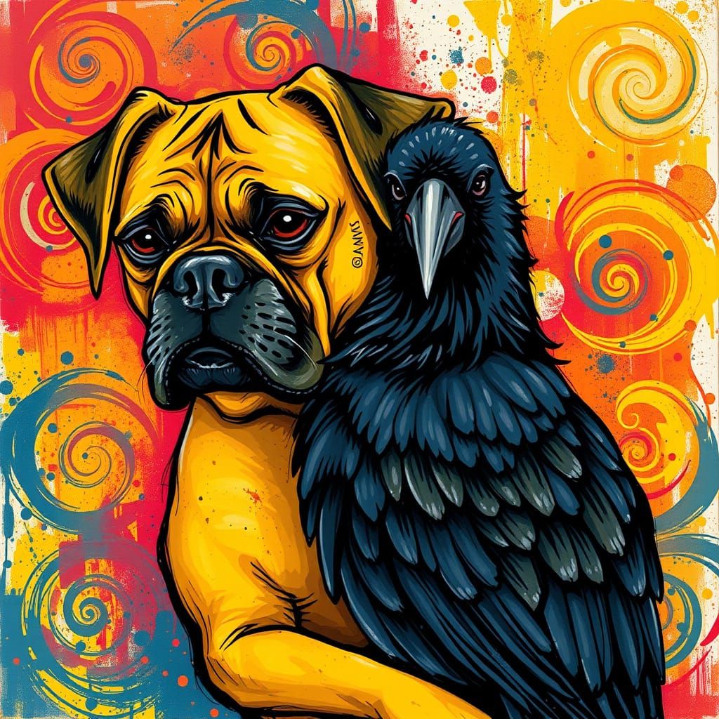 Boxer Dog and Crow Embrace: Calligraphic Abstract Art