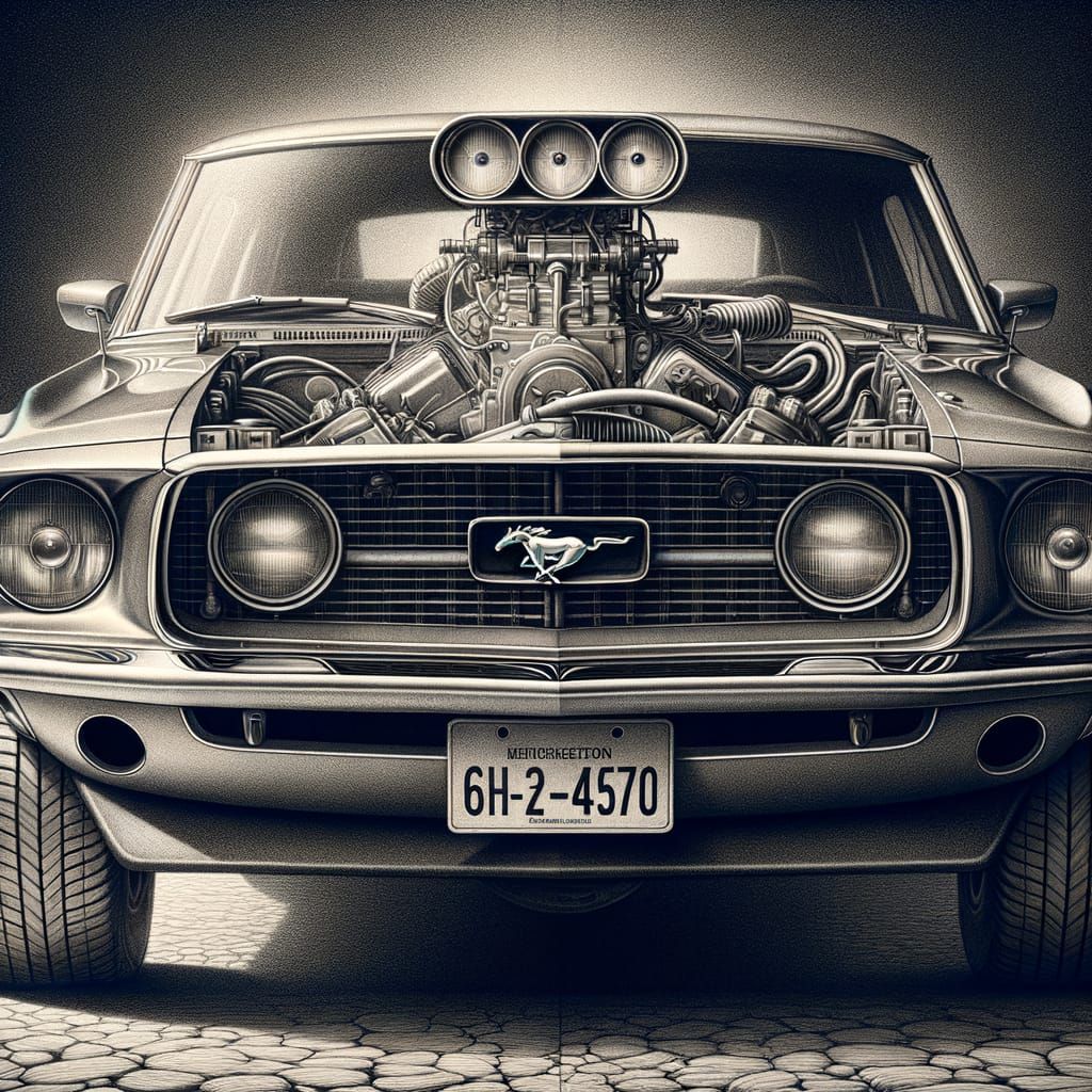 Hyperrealistic Pencil Drawing of 1970s Ford Mustang