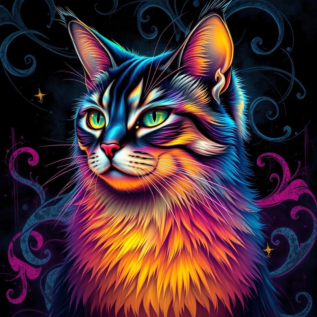 Dreamlike Cat in Vibrant, Iridescent Fur