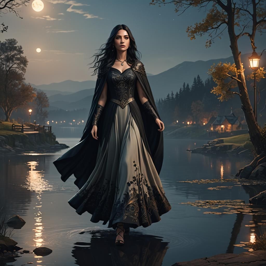 Woman in Black Cape Walking at Night