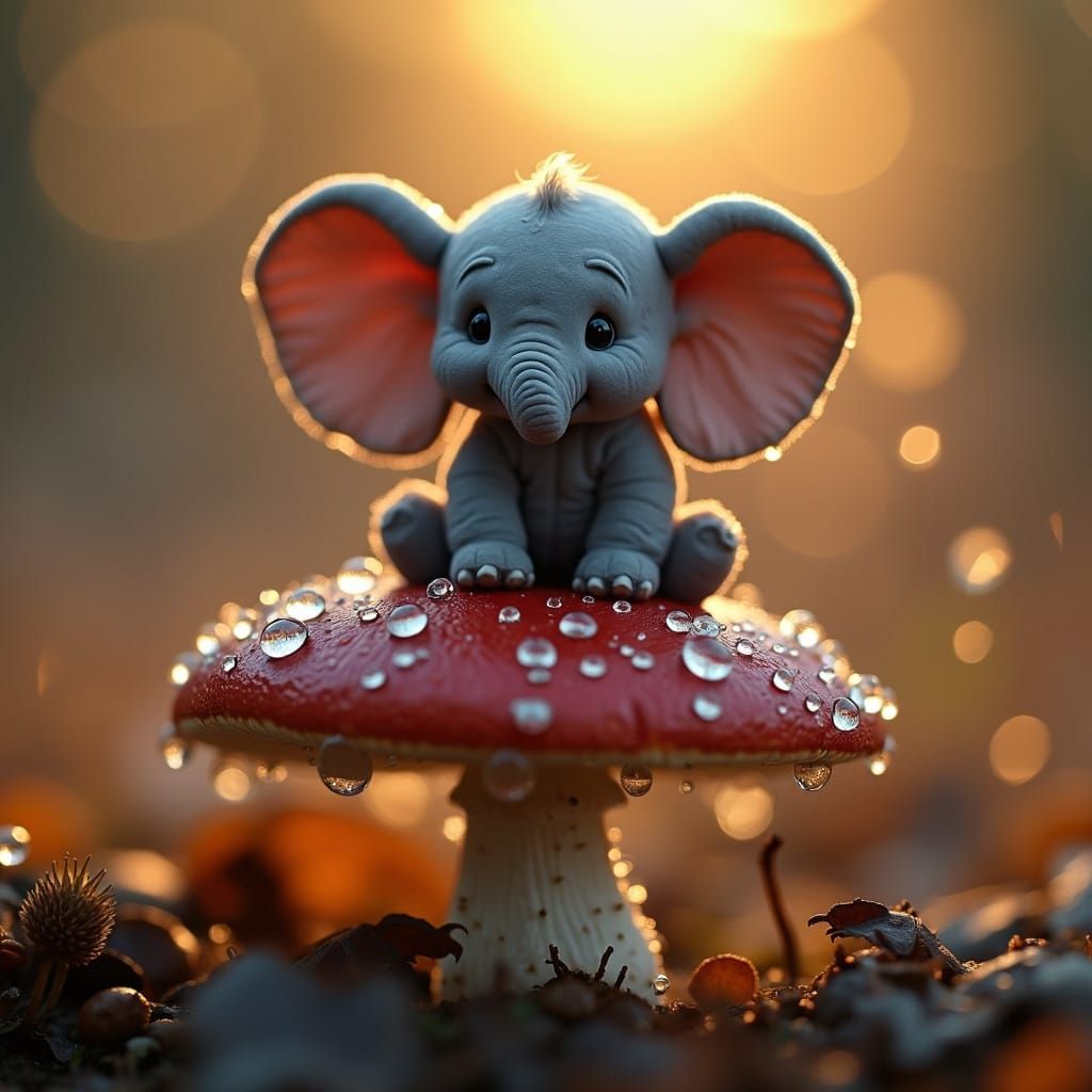 Macro photography of a tiny Dumbo the elephant sitting on a mushroom. Dew drops reflect the morning light. Epic cinemati...