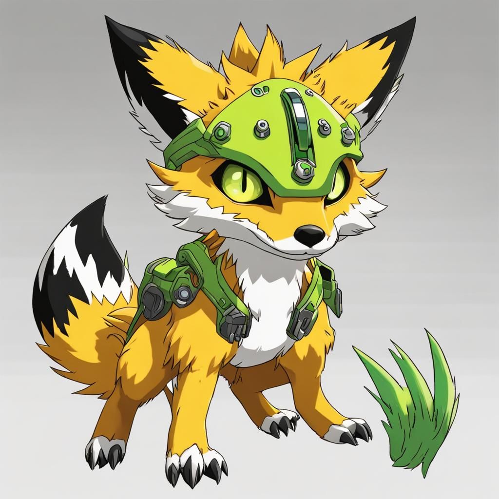 Golden Ainumon: A Fox-like Digimon in Anime Style