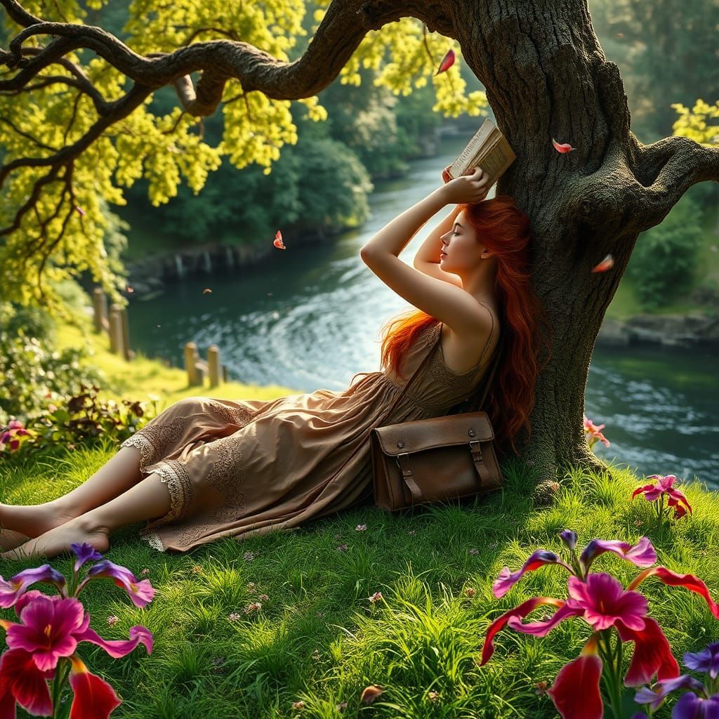 Woman Reading Novel in Lush Landscape