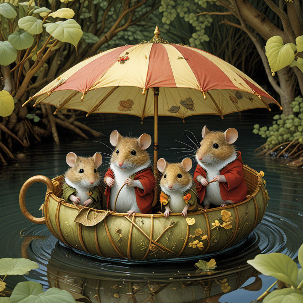 Mice Family Under Rainy Umbrella in Whimsical Water Scene