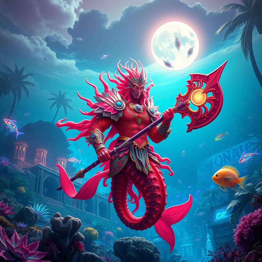 Merman Warrior Patrols Bioluminescent Underwater City