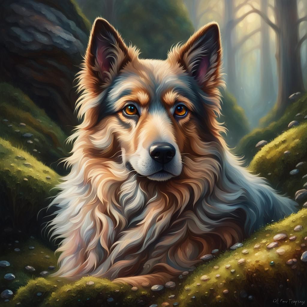 Regal Canine in Misty Forest: Hyper-Realistic Oil Painting