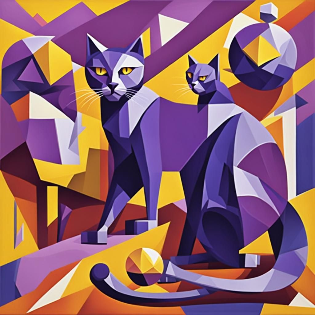 Purple Cats and Yellow Ball in Cubist Style