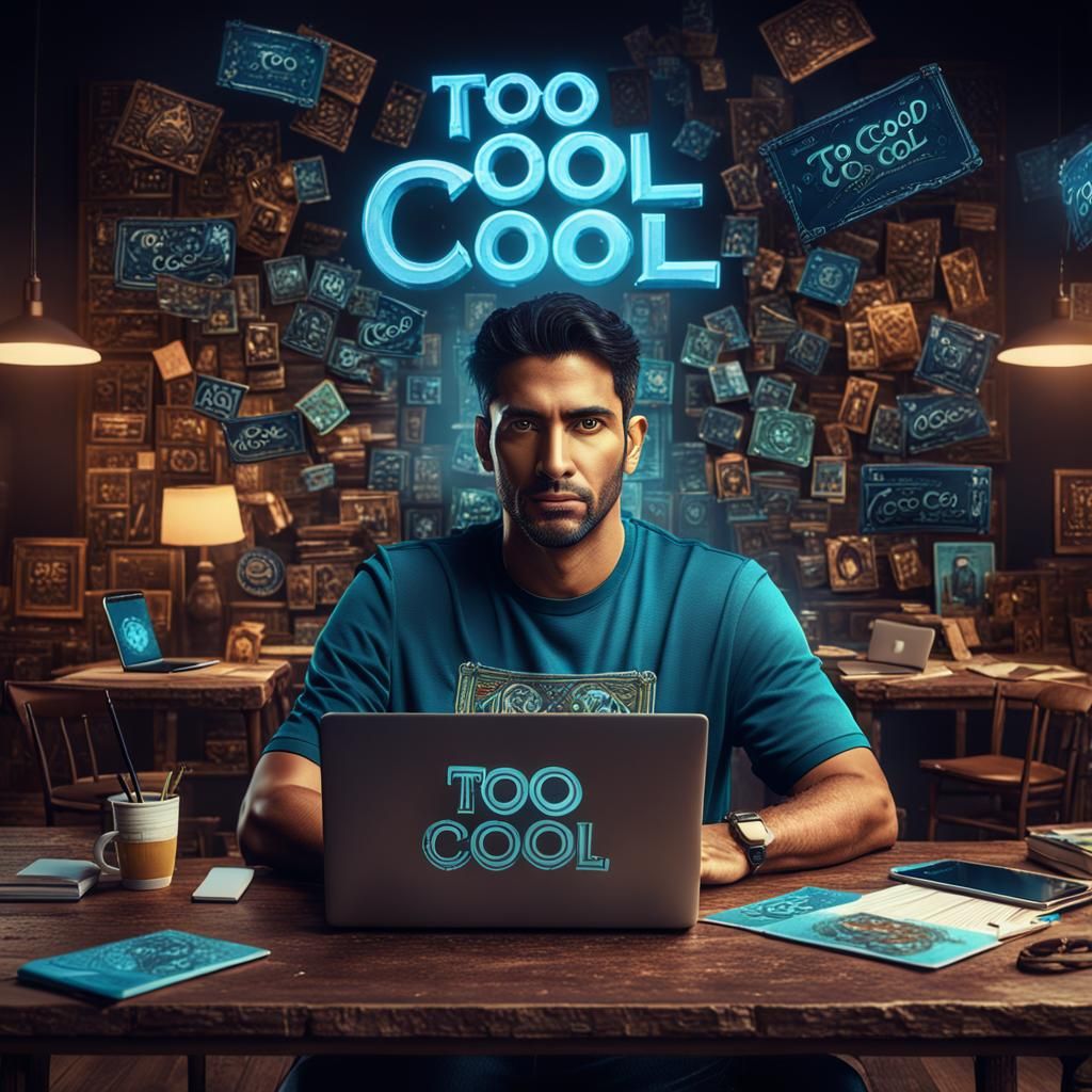 Latino Man at Table with Laptop: Fantasy Concept Art