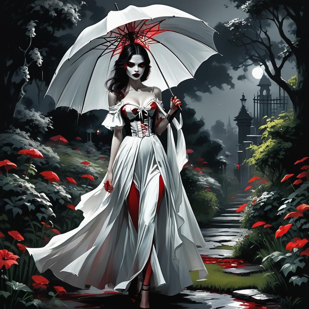 Vampire Strolls Garden at Night in Monochrome and Red
