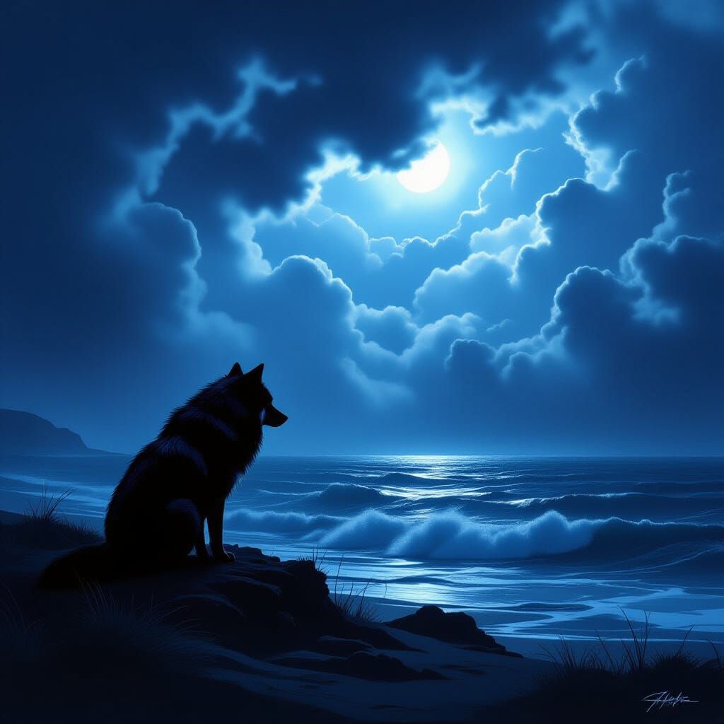 Lone Wolf Against Stormy Sky and Ethereal Sea