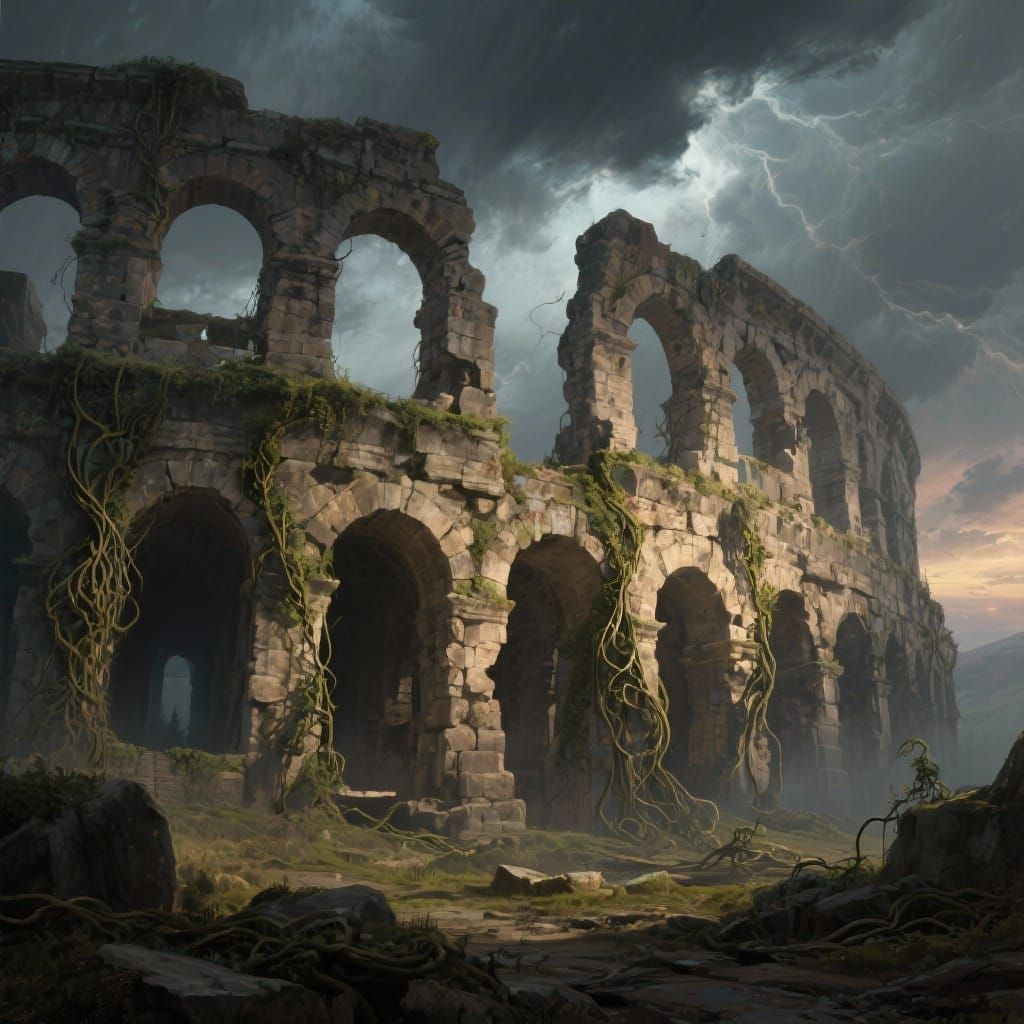 Colossal Ancient Coliseum Reclaimed by Nature in Matte Paint...