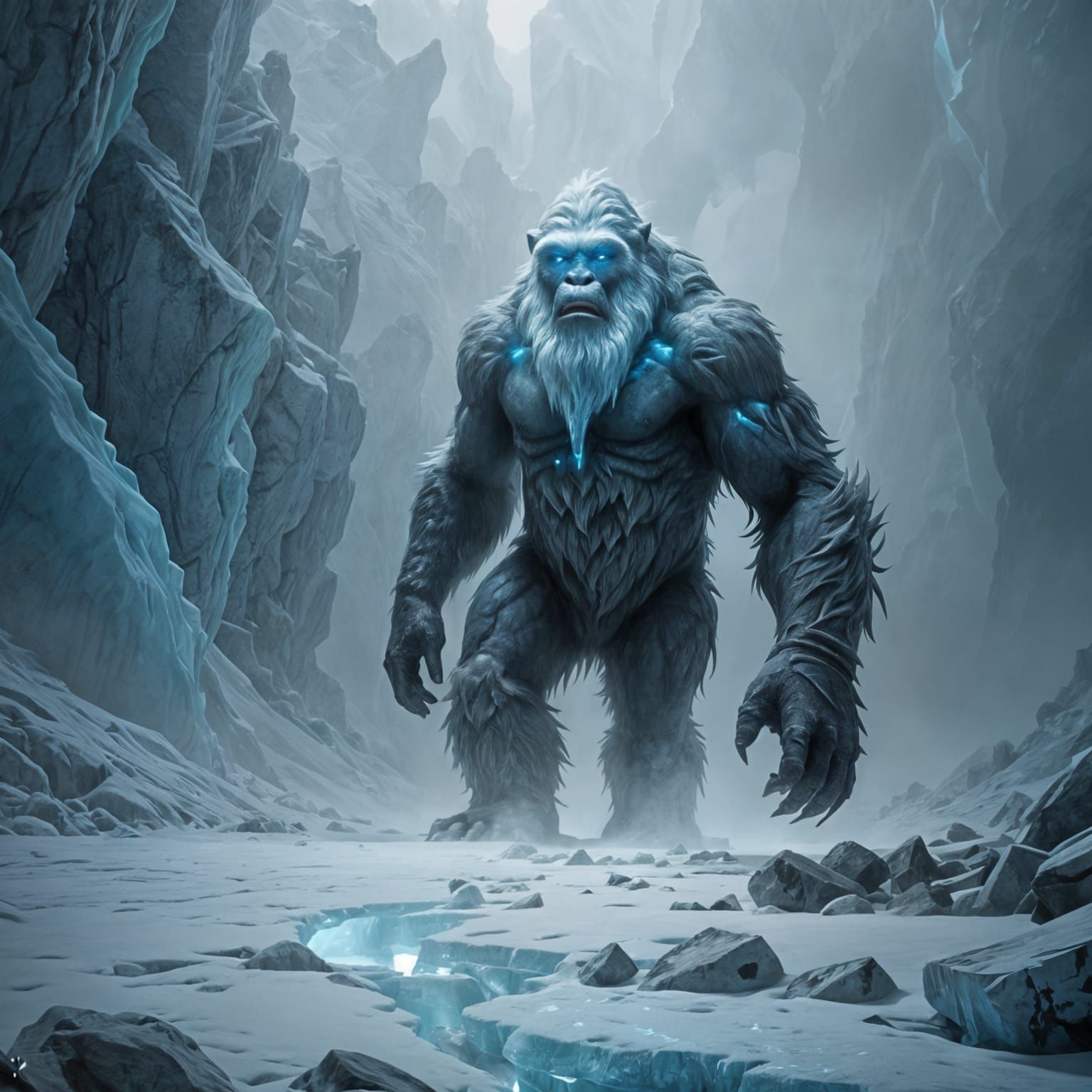Yeti Journey Across Glacier in Oil Painting Style