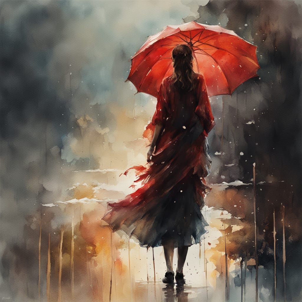 Ethereal Watercolour of a Serene Woman in the Rain