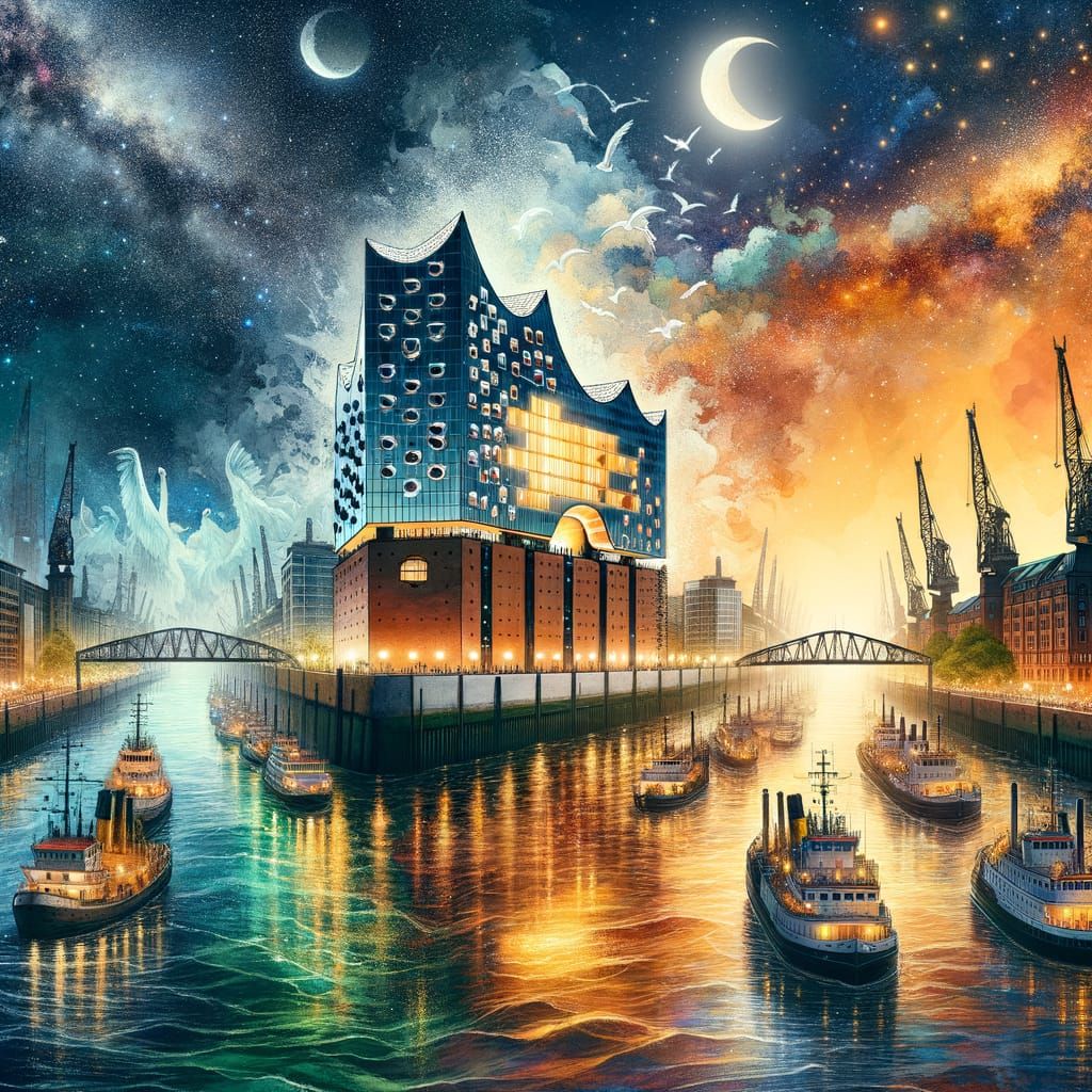 Hamburg Harbor Composite in Watercolor, Sketch, and Ink Styl...