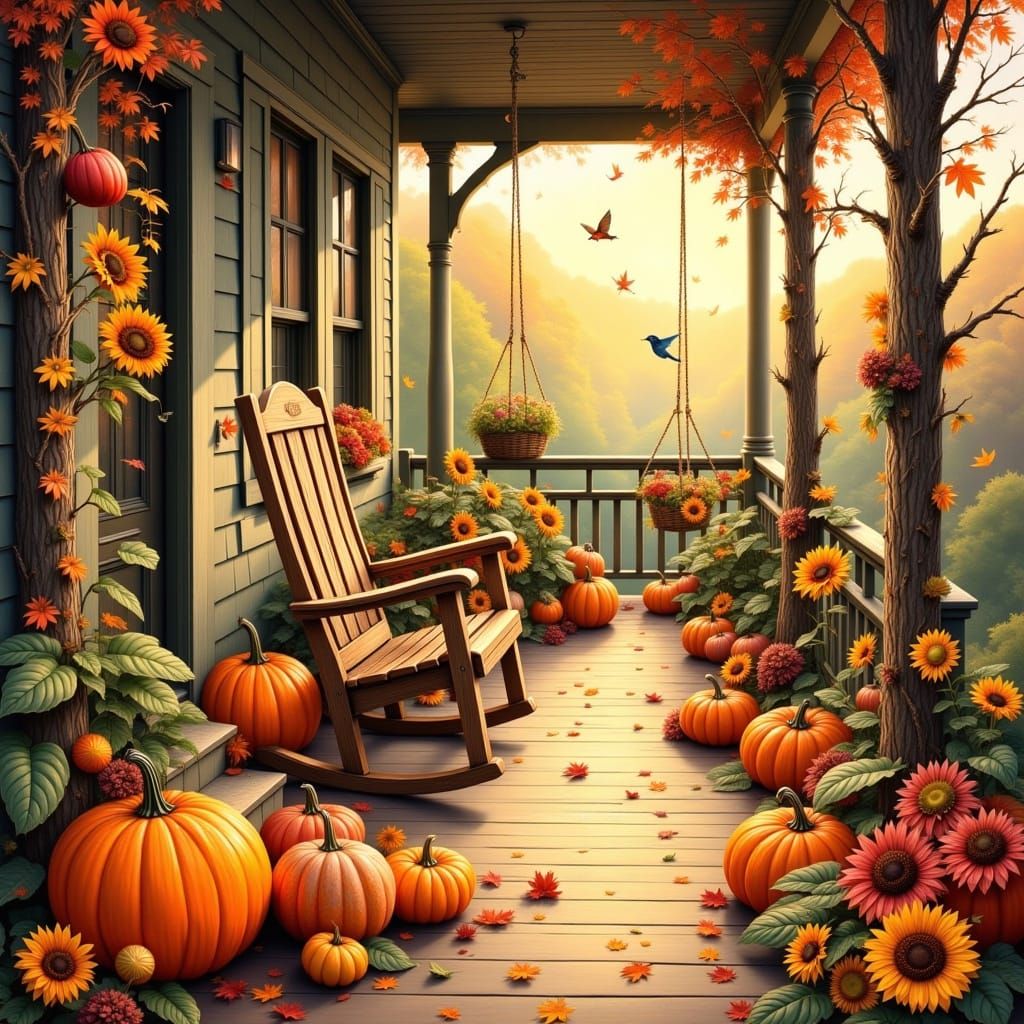 Cozy Autumn Porch with Pumpkins and Sunflowers