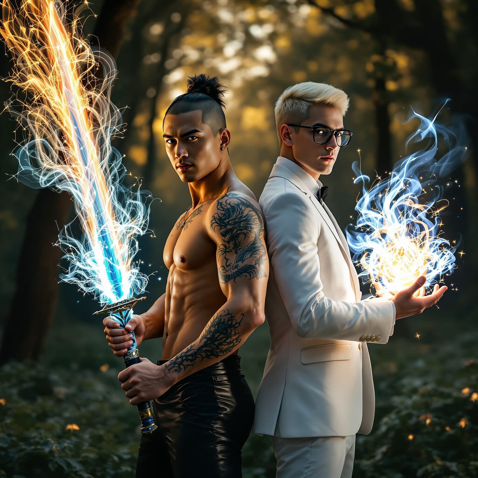 Mystical Forest Encounter: Two Men Prepare for Battle