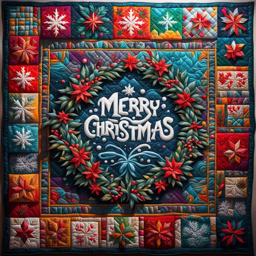 Merry Christmas Embroidered Quilt in Graffiti Art Style