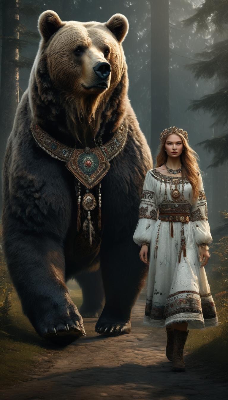 Slavic Girl and Bear in Detailed Fantasy Art