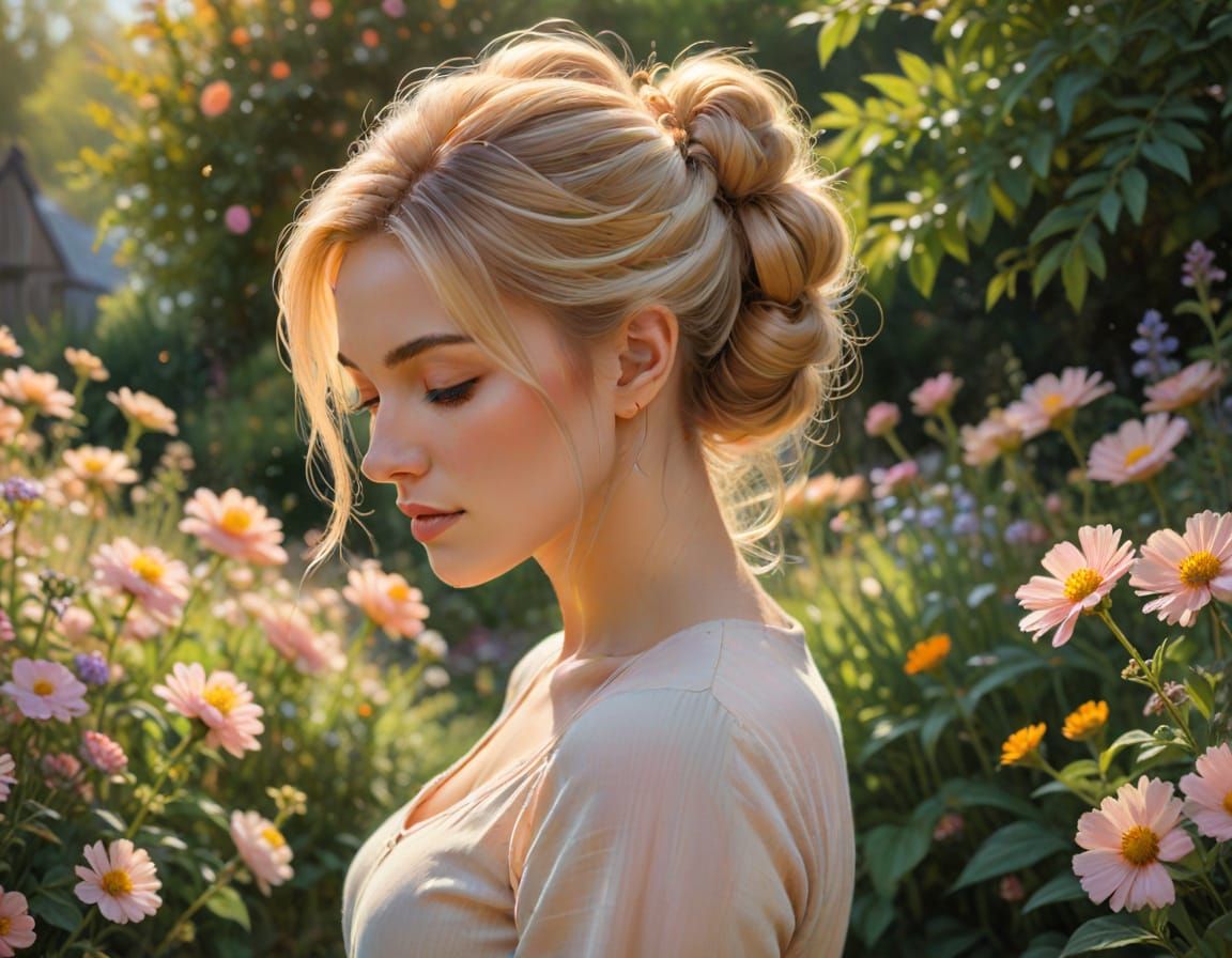 Impressionist Woman in Wildflower Garden, Pastel Colors