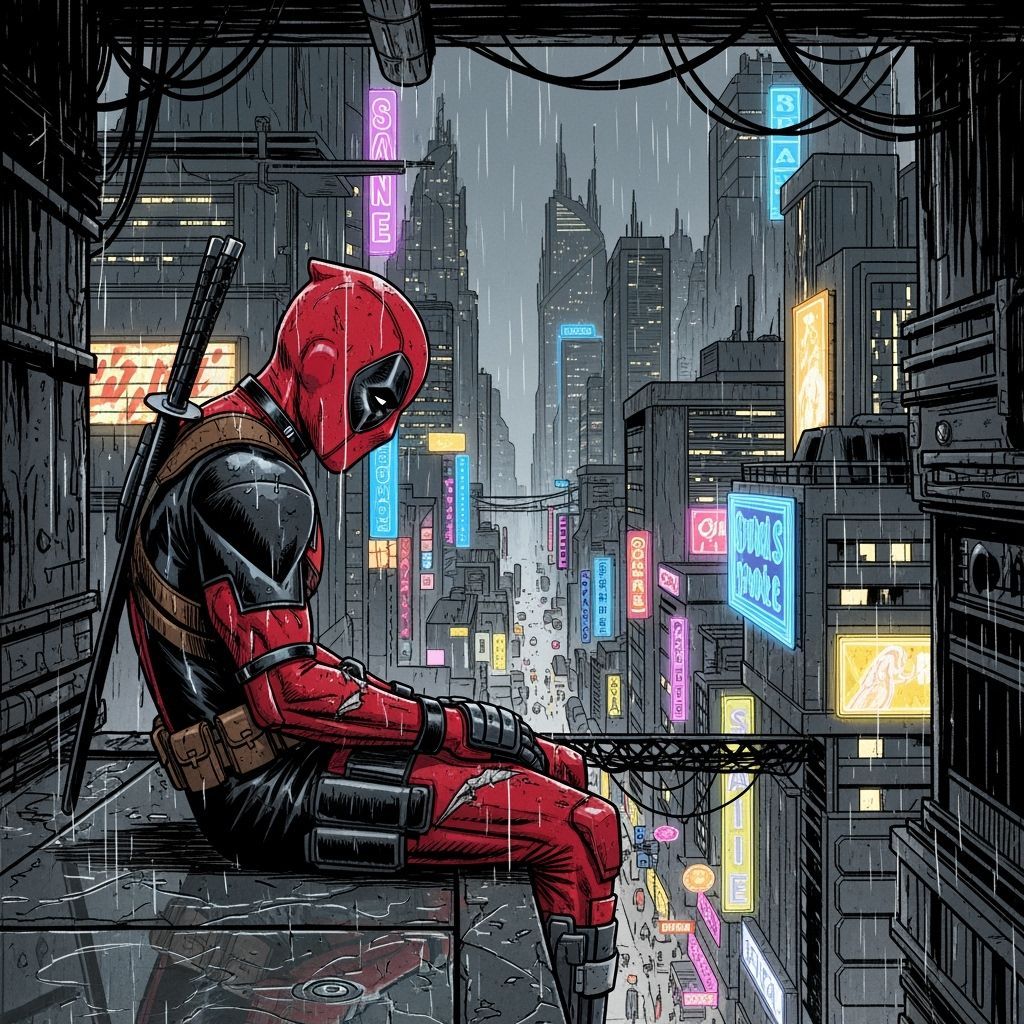 Cyberpunk Deadpool on Rainy Rooftop in Comic Noir Style
