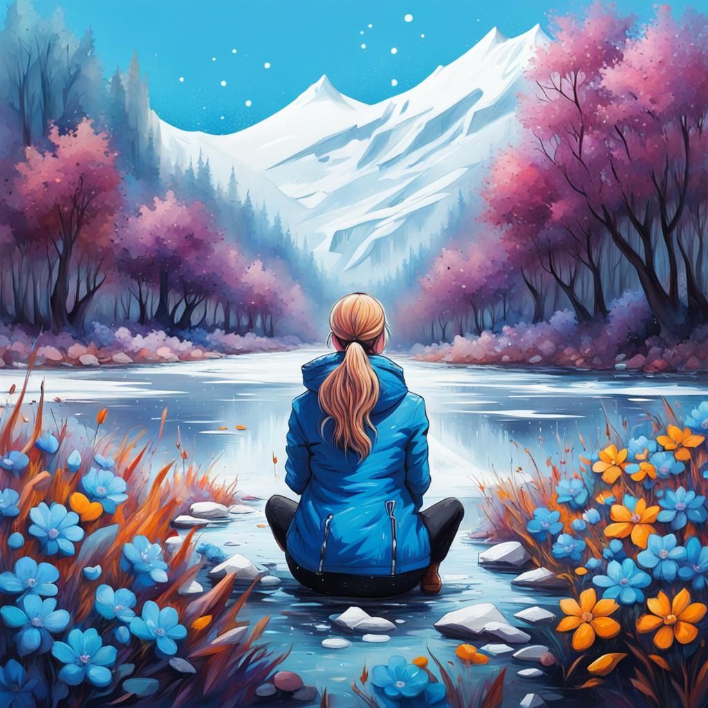 Girl with Blue Flowers by Frozen River in Graffiti Art