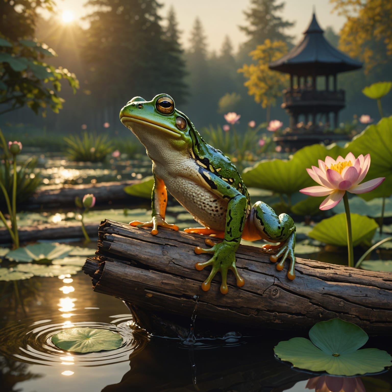 Photorealistic Frog Leaping in Lotus Pond