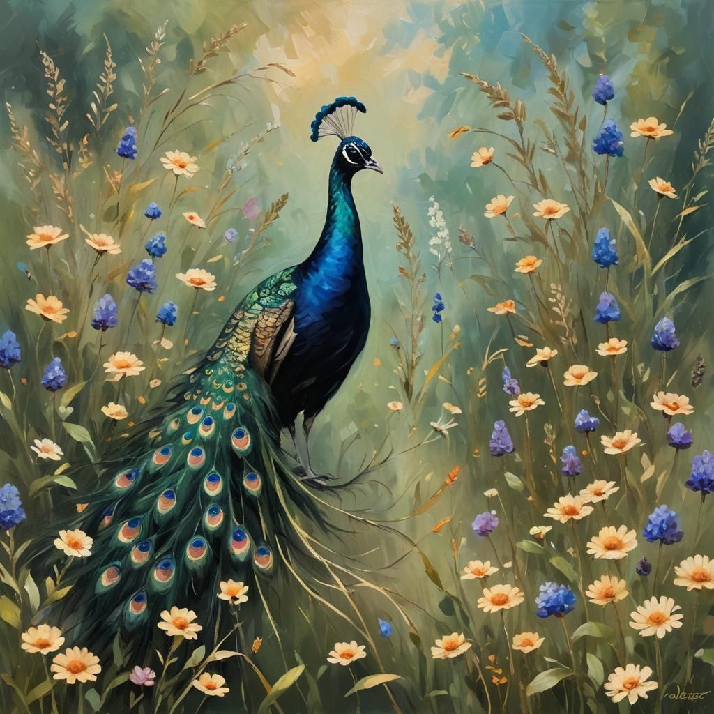 Black Peacock with Colorful Tail, Impressionist Oil Painting