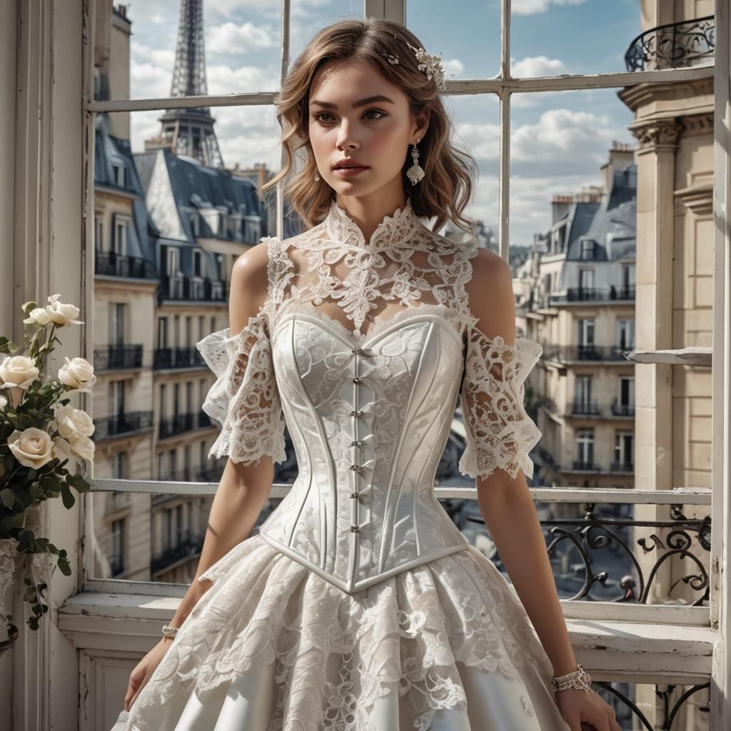 Woman in Lace Corset with Eiffel Tower View