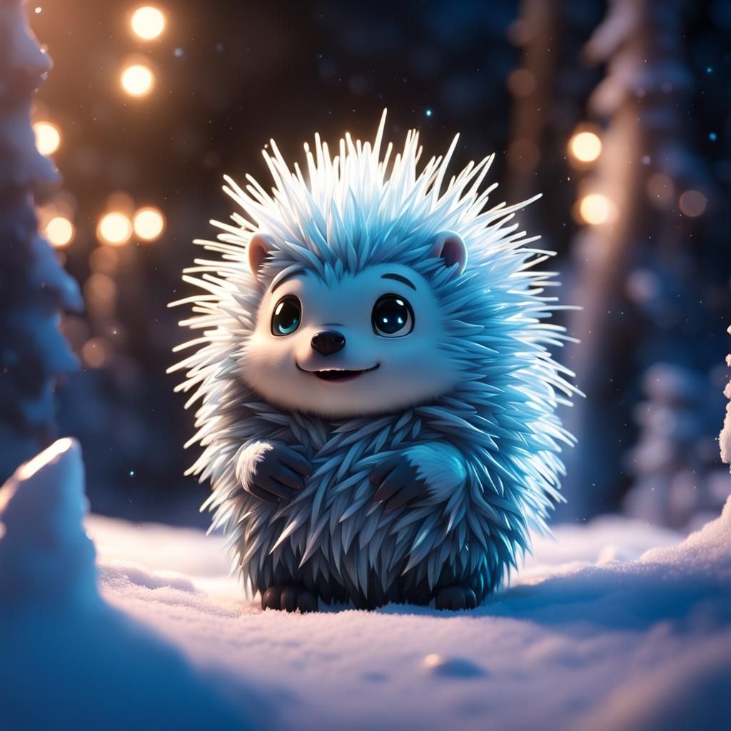 Chibi Porcupine with Glowing Quills in Icy Landscape
