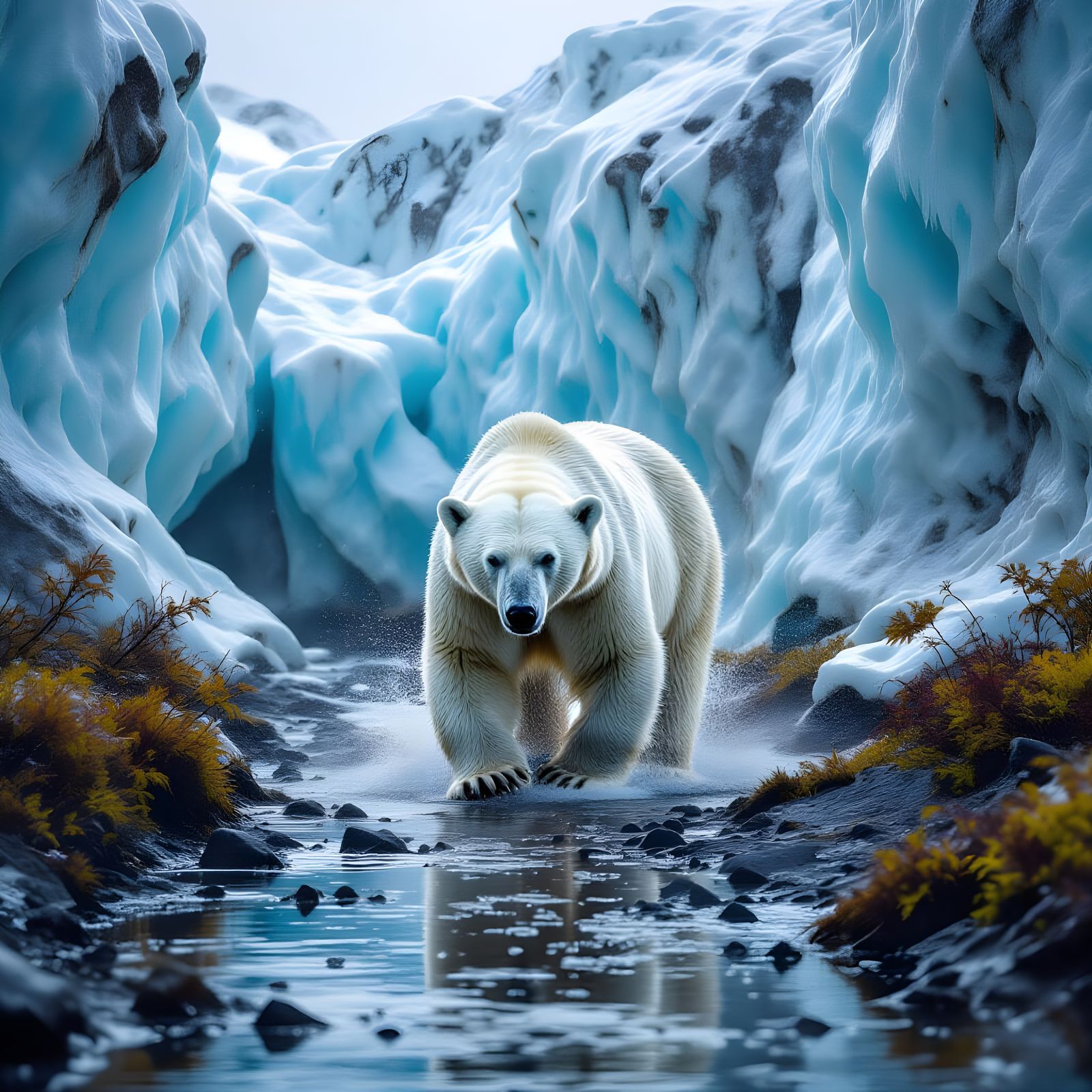 Polar Bear Braving Autumnal Gorge in Icy Rain