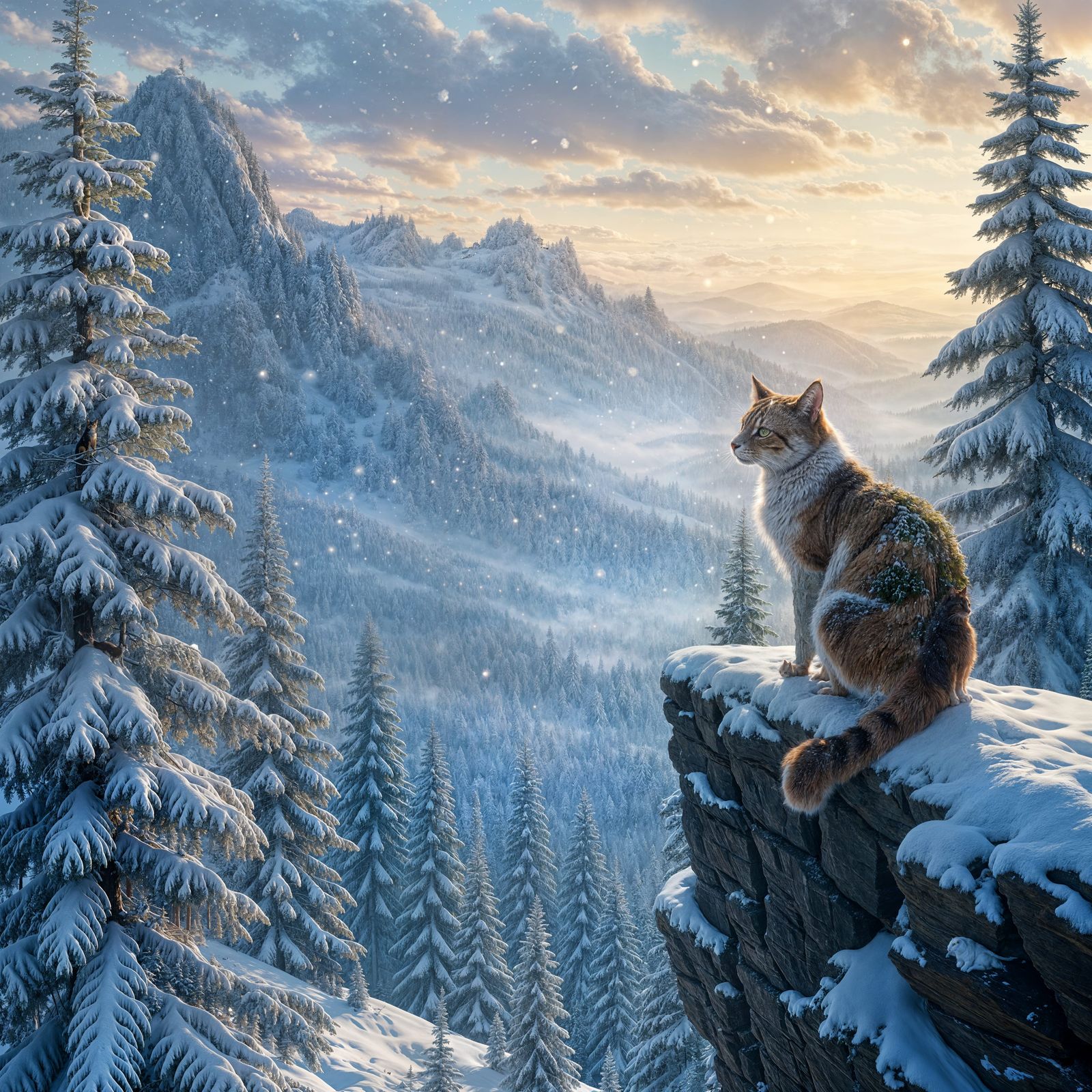 Fanciful Winter Wonderland Scene with Calico Cat