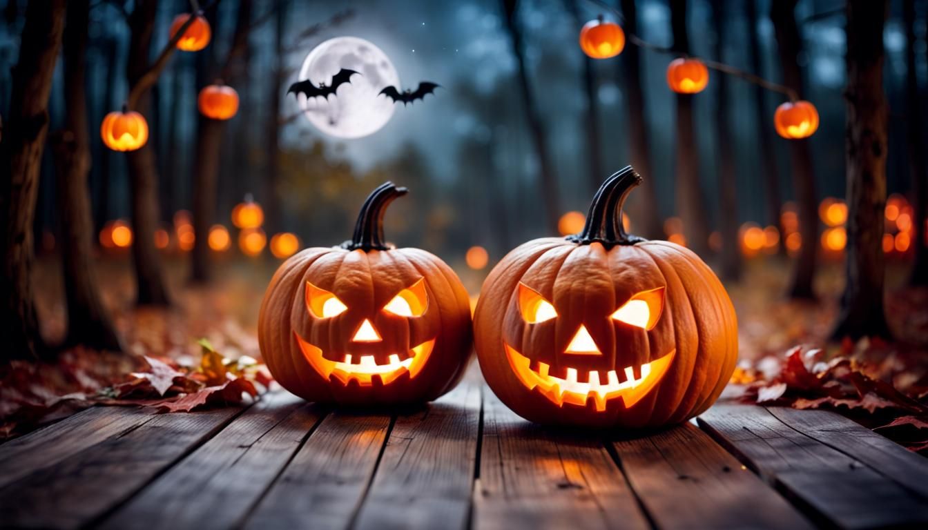 Halloween Pumpkins in Spooky Forest: Bokeh Photography