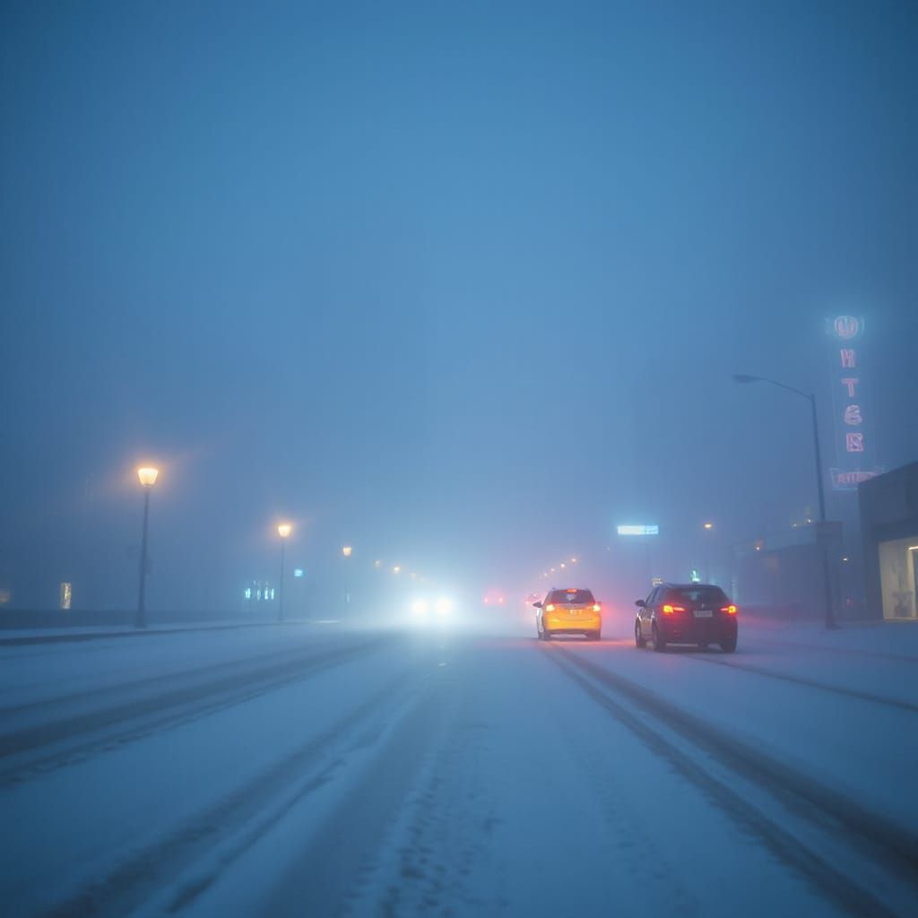 Foggy Snowy City Street at Night with Soft Reflections