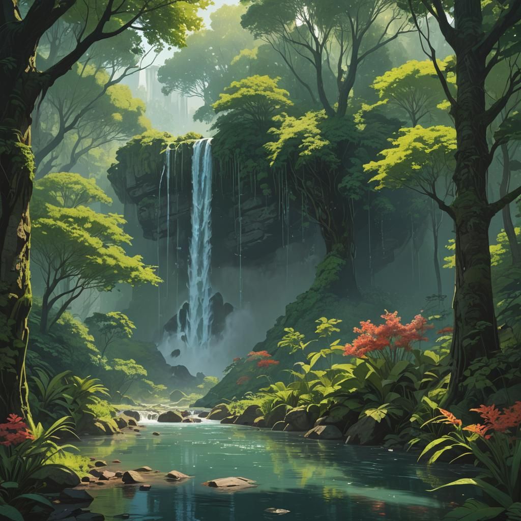 Lush Waterfall Plunging into Lagoon in Hyperrealism