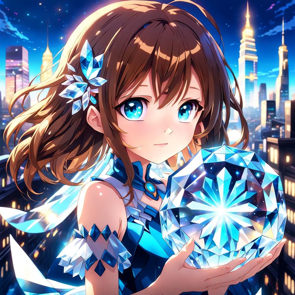 Anime Crystal Girl in Cityscape with Glowing Eyes