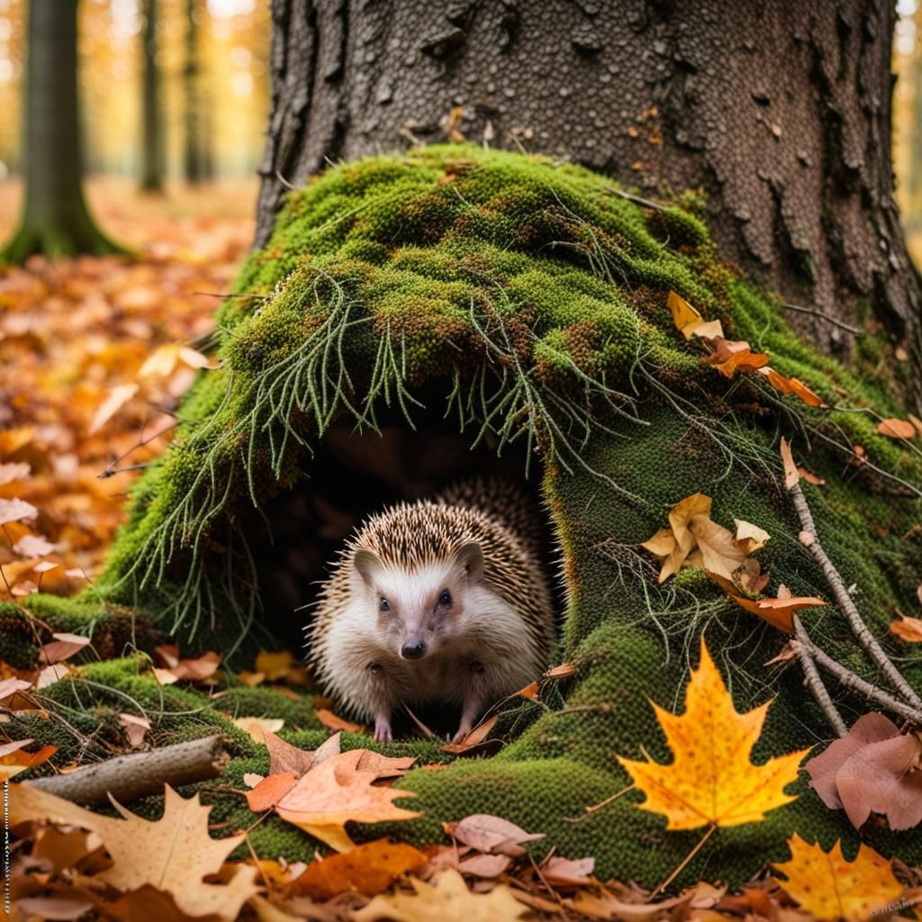 Hedgehog Building Autumn Nest Under Spruce