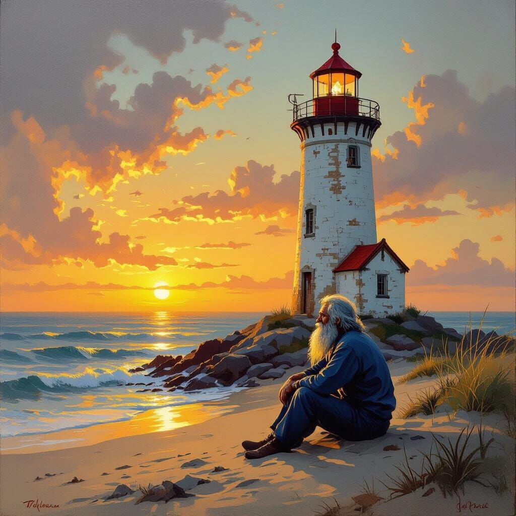 Stranded Lighthouse Keeper on Deserted Island at Sunset