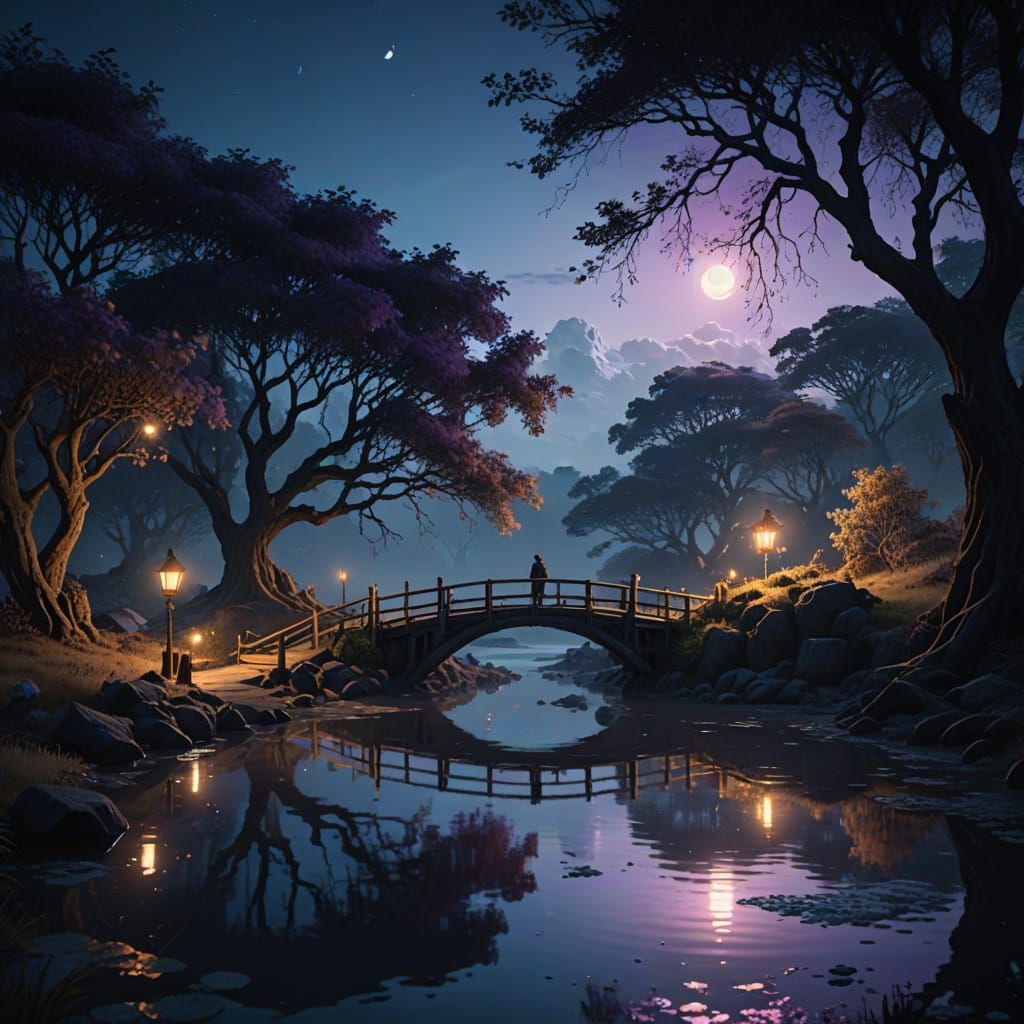 Moonlit Bridge Crossing: Refugee Under Starry Skies