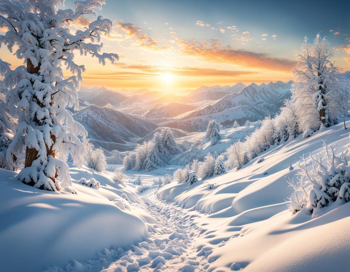 Brilliant Winter Sunrise Reflects Light on Crisp White Snow