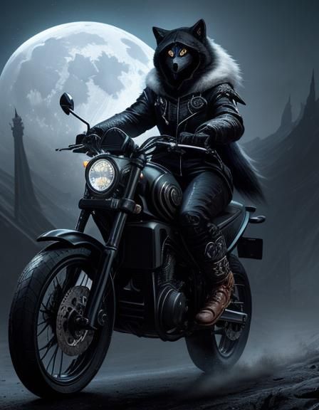 Hooded Wolf on Motorcycle Rides Moon