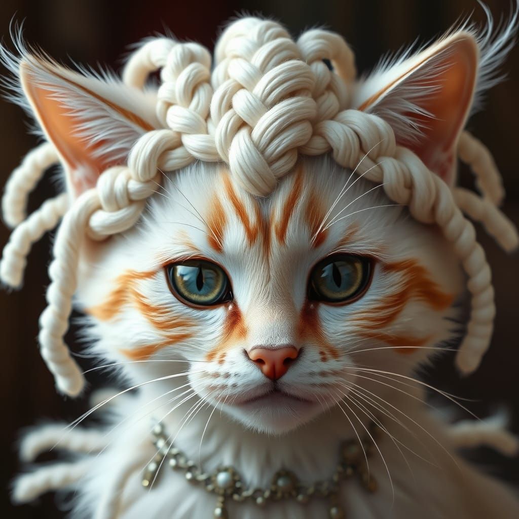 Braided Cat Portrait in Hyperrealistic Style